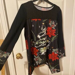 Festive Black Floral Long Sleeve Top